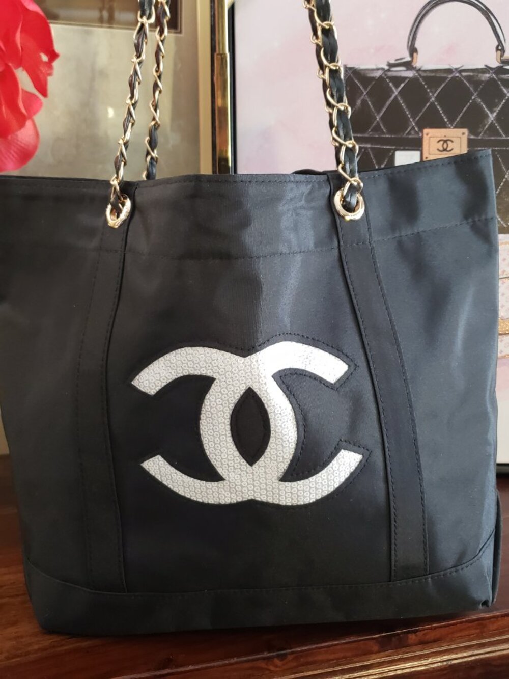 New CC Novelty Black Tote w/ White CC's Sequence on Front & Back w/ Gold Chain